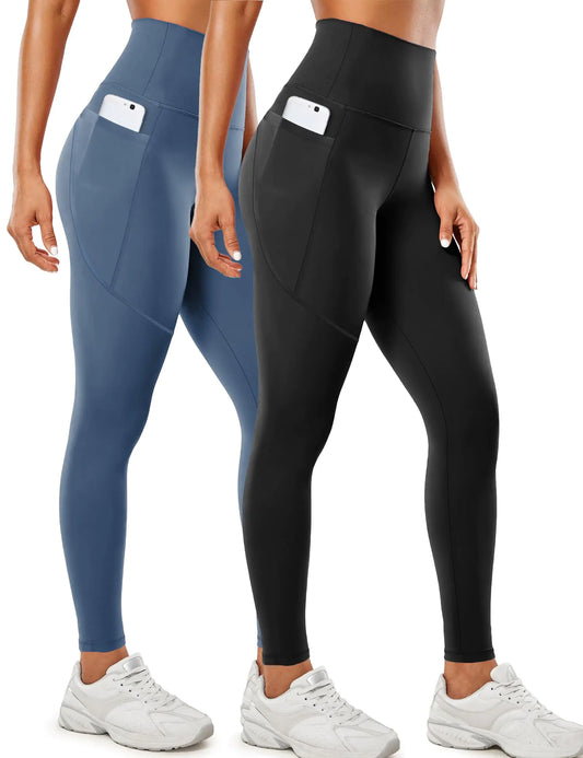 Leggings with Pockets for Women 25" Gym Butt Lifting High Waisted Yoga Compression Pants Athletic Running Workout Leggings Ladies Buttery Soft Stretch One Pockets Spandex 7/8 Pants Plus Black Blue